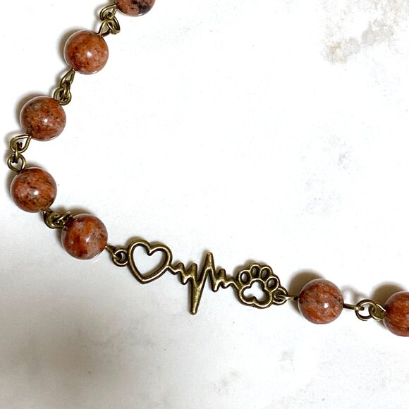 Genuine Red Jasper Short Necklace, Bronze Paw Print Heart Beat +Natural Gemstone - Picture 4 of 13